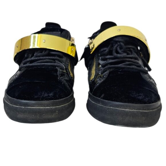 Giuseppe Zanotti Mens Metal Strap Low Top Velvet Shoes, Black, Gold, Sz 40 /US 7 - Picture 2 of 10